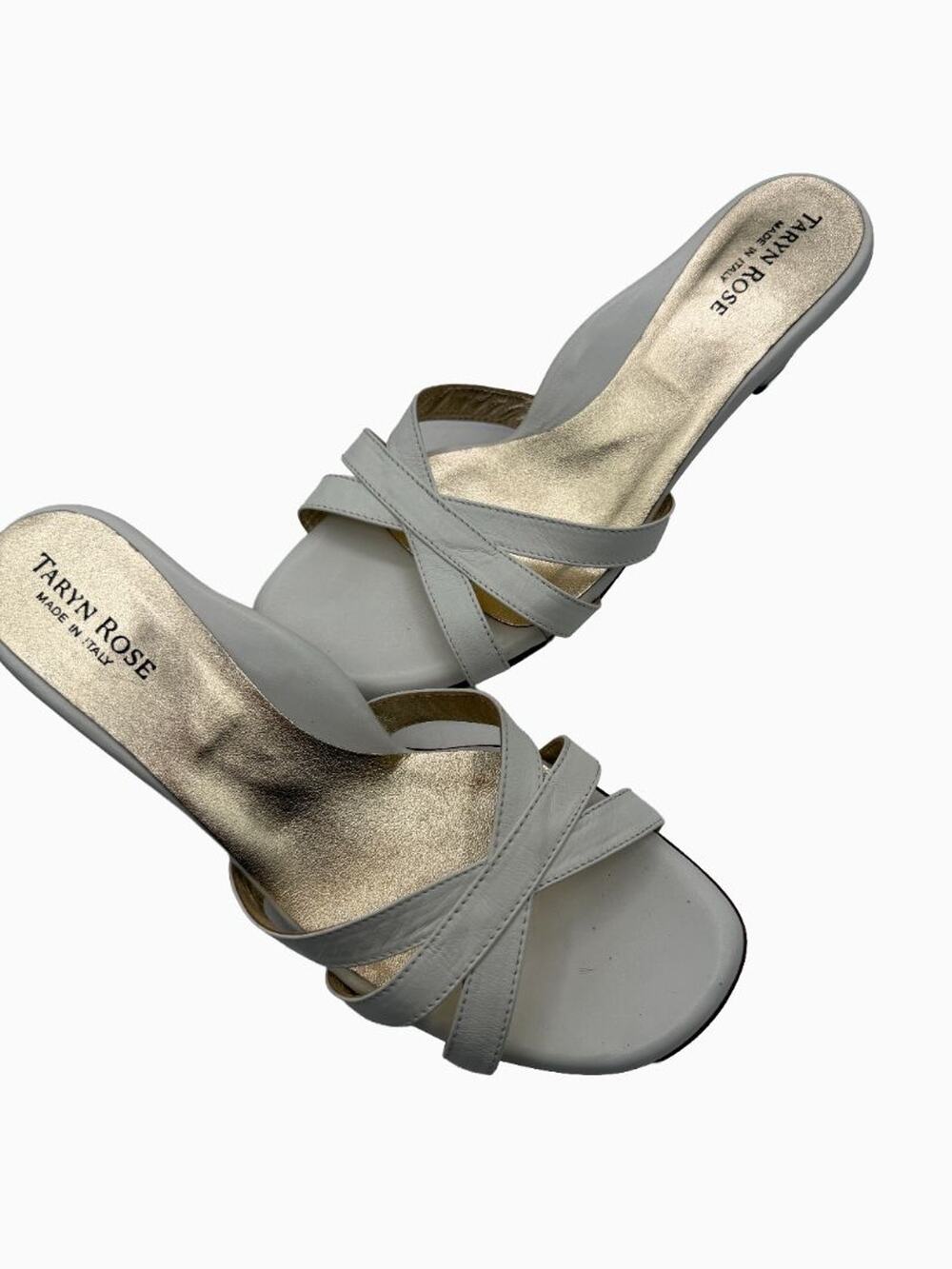 Taryn Rose White Leather Slide Sandals Italy Criss Cross Low Block Heel US 9